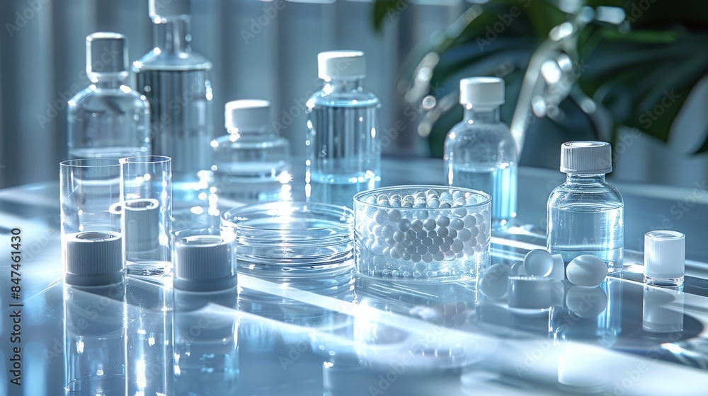 Scientific chemistry glassware for laboratory research, microbiology, medicine or biotechnology equipment. Scientific chemistry glassware for laboratory research, microbiology, medicine or biotechnology equipment.