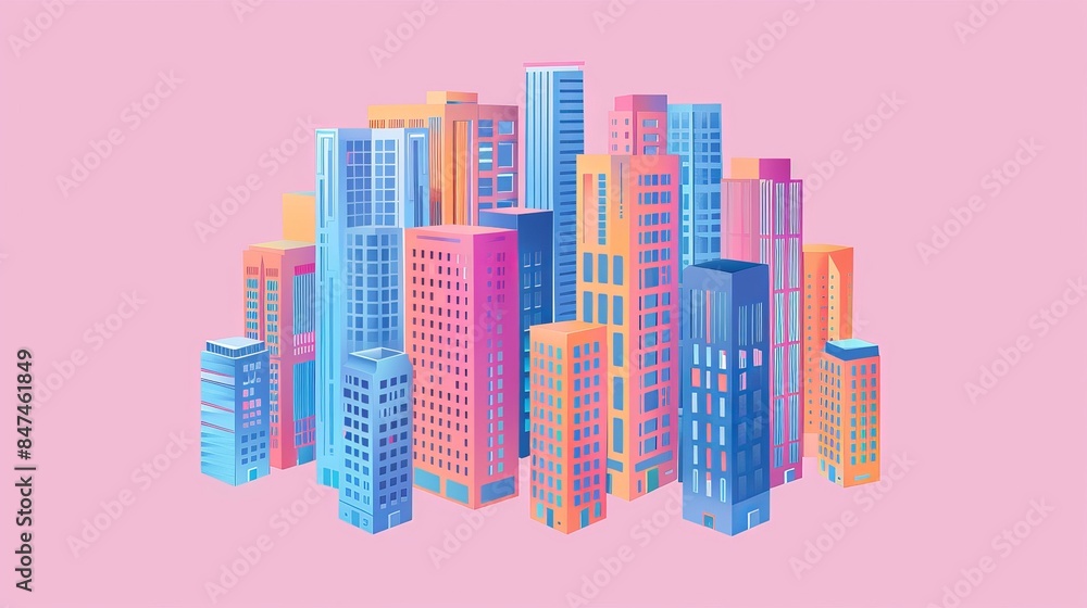 Colorful abstract cityscape vibrant skyscrapers pink background, representing modern urban architecture. Colorful abstract cityscape vibrant skyscrapers pink background, representing modern urban architecture.