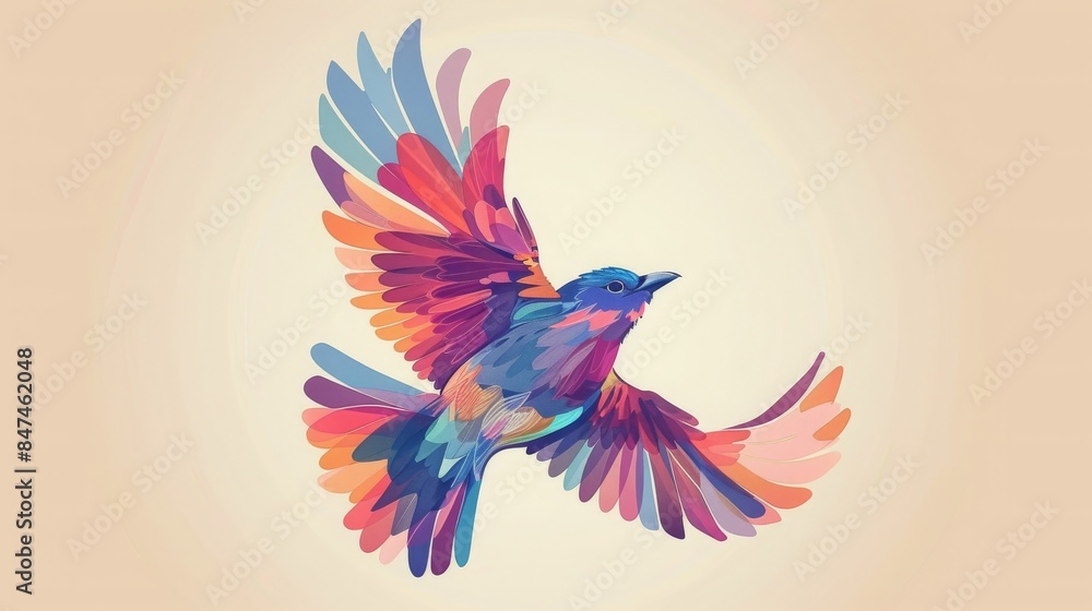 Colorful watercolor bird illustration with vibrant, abstract wings soaring on a light background. Perfect for art and nature themes.
