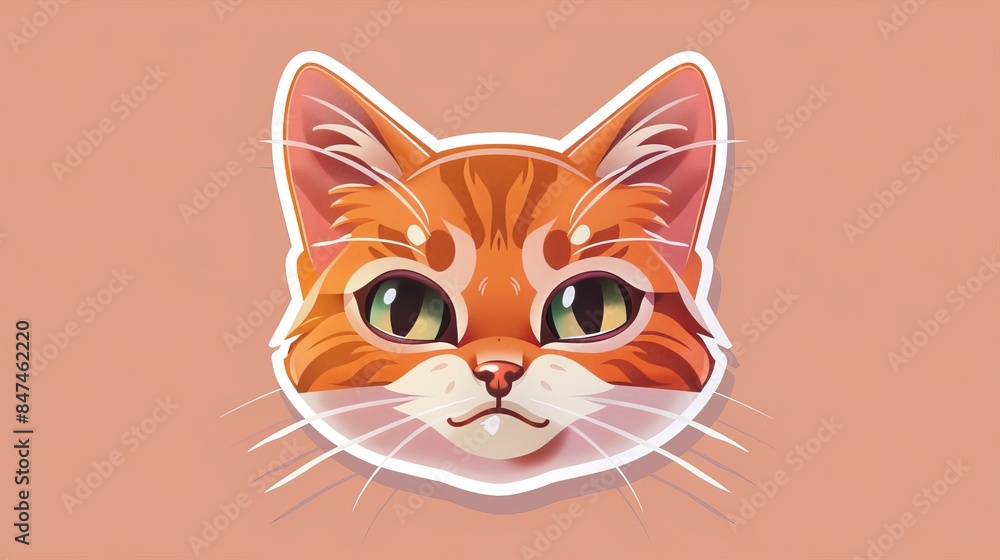 Illustrated orange cat head with big green eyes on a peach background in a cute and playful cartoon style. Illustrated orange cat head with big green eyes on a peach background in a cute and playful cartoon style.