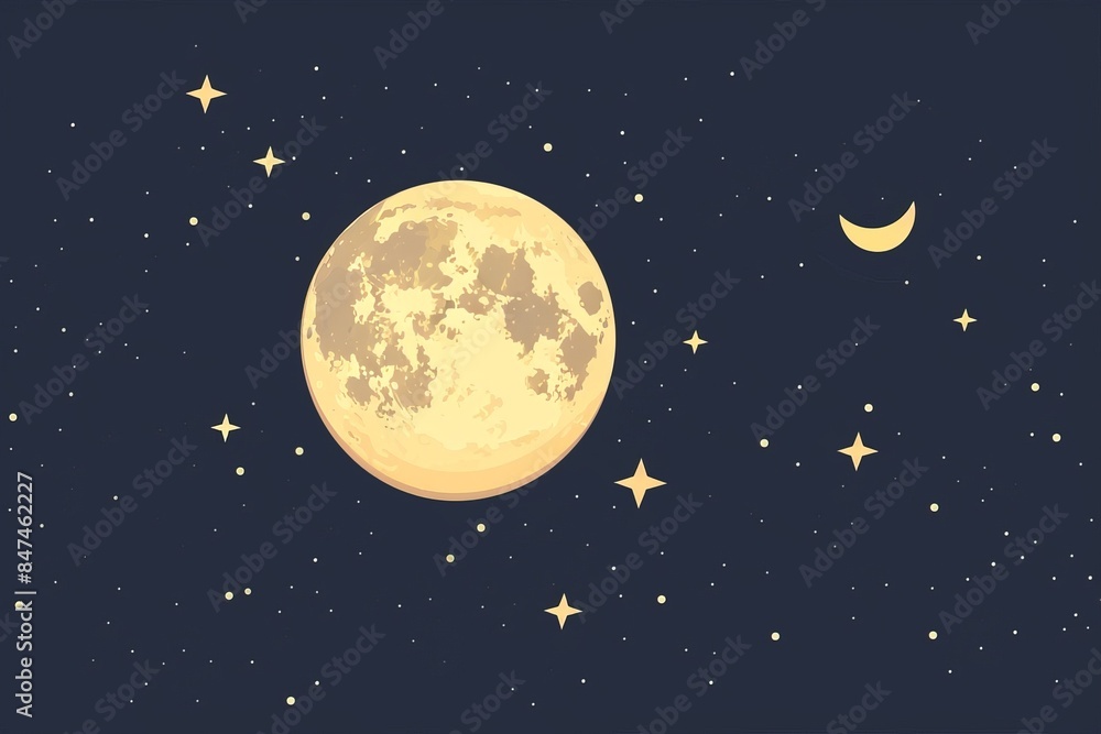 Illustration of a full moon and crescent moon surrounded by stars in a clear night sky, perfect for cosmic or celestial themed designs. Illustration of a full moon and crescent moon surrounded by stars in a clear night sky, perfect for cosmic or celestial themed designs.