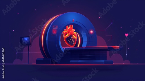 Futuristic MRI scanner with heart illustration, representing modern medical technology and advanced heart imaging in a futuristic setting.