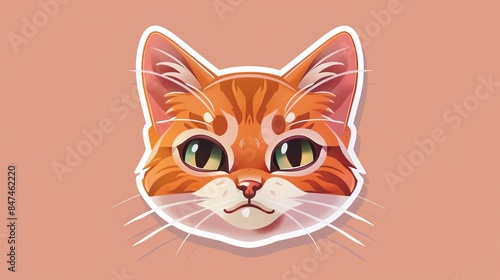 Illustrated orange cat head with big green eyes on a peach background in a cute and playful cartoon style.