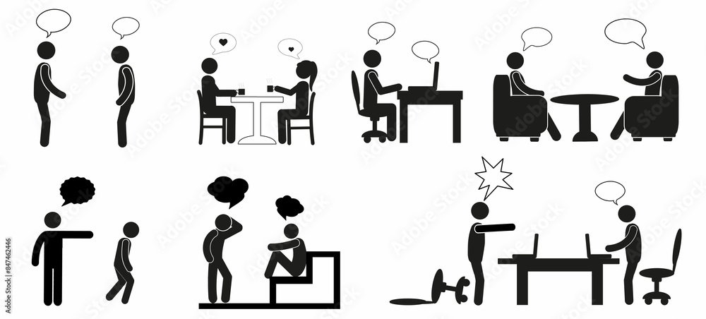 a set of pictograms of human figures, man, people, talking, thought,negotiation, scream, flat illustration, on a white background a set of pictograms of human figures, man, people, talking, thought,negotiation, scream, flat illustration, on a white background