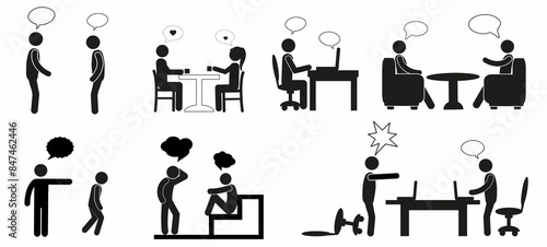 a set of pictograms of human figures, man, people, talking, thought,negotiation, scream, flat illustration, on a white background