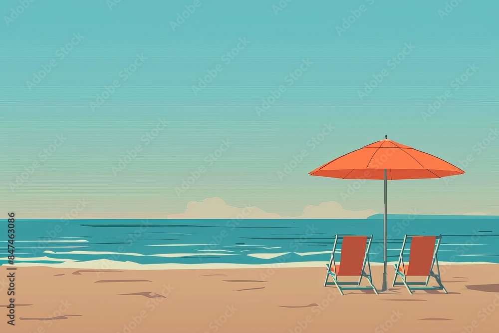 A tranquil beach scene featuring two chairs under an orange umbrella with a calm ocean in the background, perfect for a relaxing getaway. A tranquil beach scene featuring two chairs under an orange umbrella with a calm ocean in the background, perfect for a relaxing getaway.