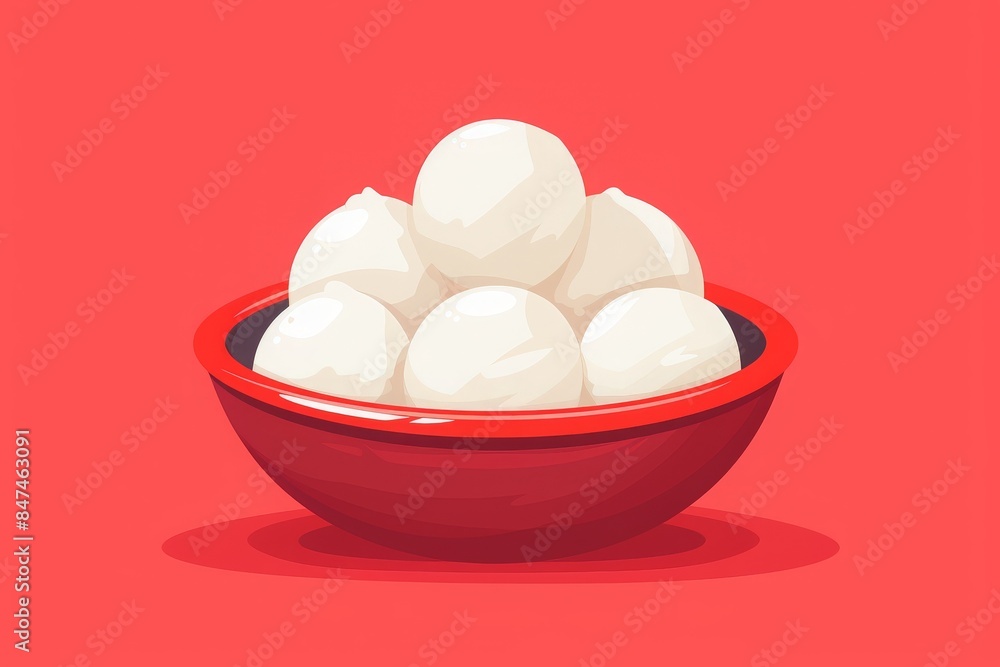 A vibrant red bowl filled with soft white dumplings, set against a bright red background, creating a striking visual contrast. A vibrant red bowl filled with soft white dumplings, set against a bright red background, creating a striking visual contrast.