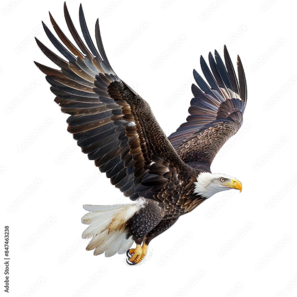 Obraz premium A large eagle is flying in the sky with its wings spread wide. The bird has a yellow beak and is soaring high above a white background. Concept of freedom and power
