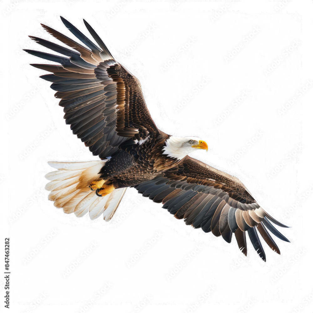 Obraz premium A large eagle is flying in the sky with its wings spread wide. The bird has a yellow beak and is soaring high above a white background. Concept of freedom and power