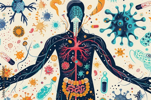 Human body's microbiome and nervous system illustration. Diversity of gut flora and pathogens with neural network connectivity.