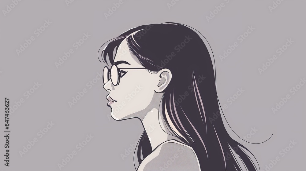 Minimalistic illustration of a woman wearing glasses, with long dark hair, and a pensive expression on a gray background. Minimalistic illustration of a woman wearing glasses, with long dark hair, and a pensive expression on a gray background.