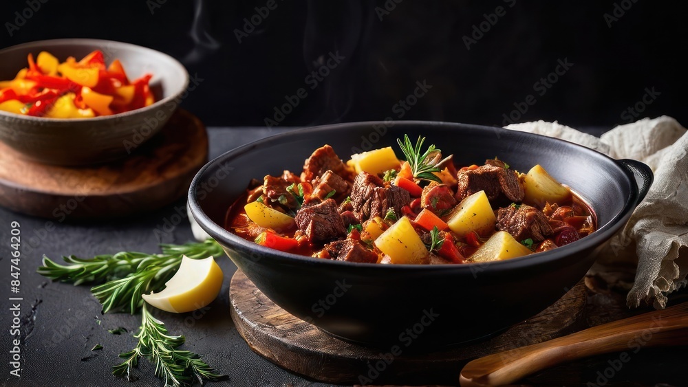 Simplistic Harmony, Chili and Potatoes Saut?ed with Herbs in a Black Skillet Simplistic Harmony, Chili and Potatoes Saut?ed with Herbs in a Black Skillet