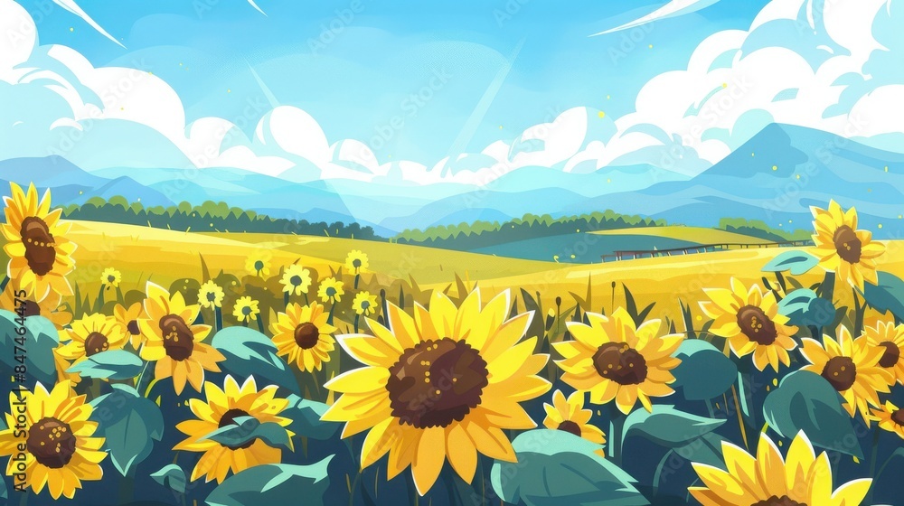 Obraz premium A vibrant sunflower field under a clear blue sky with mountains in the background, capturing the beauty of nature on a sunny day.