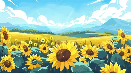 A vibrant sunflower field under a clear blue sky with mountains in the background, capturing the beauty of nature on a sunny day.