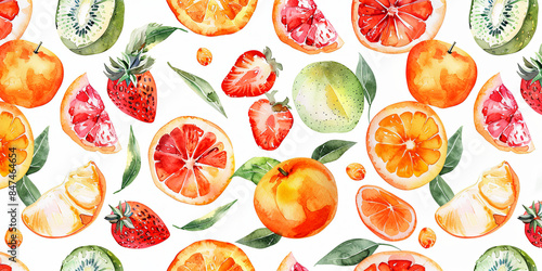 Tropical red and orange fruits pattern. Watercolor summer illustration.Abstract background.