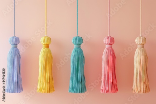 Colorful hanging tassels arranged in a row against a pastel background, perfect for decorative and artistic purposes.