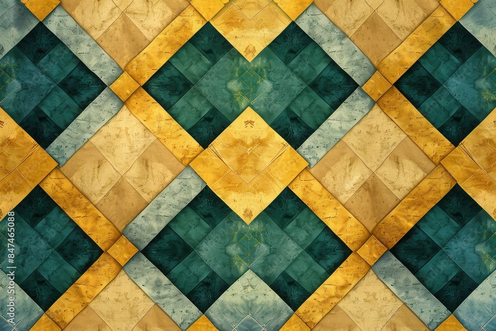 Intricate geometric pattern with diamond shapes in teal, yellow, and beige tones, ideal for backgrounds and wallpapers. Intricate geometric pattern with diamond shapes in teal, yellow, and beige tones, ideal for backgrounds and wallpapers.