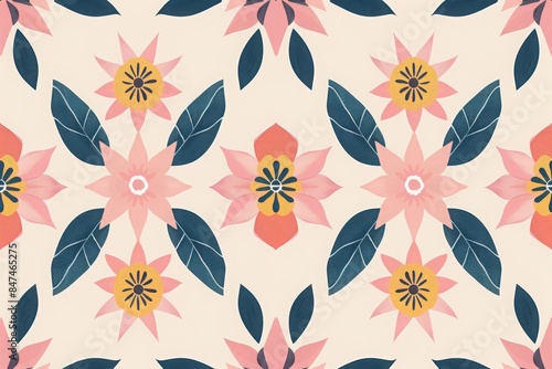 Seamless floral pattern featuring pink and yellow flowers with dark blue leaves on a light beige background. Perfect for backgrounds and textiles.