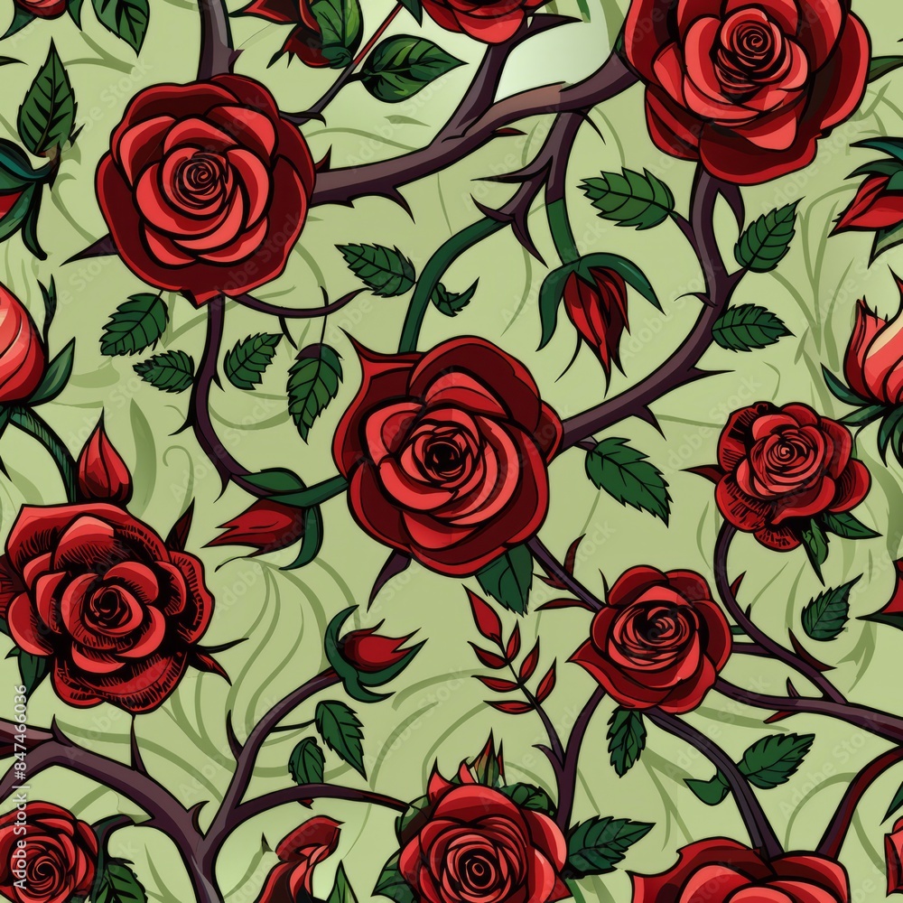 Seamless pattern of dark roses and thorny vines intertwining, Generative AI