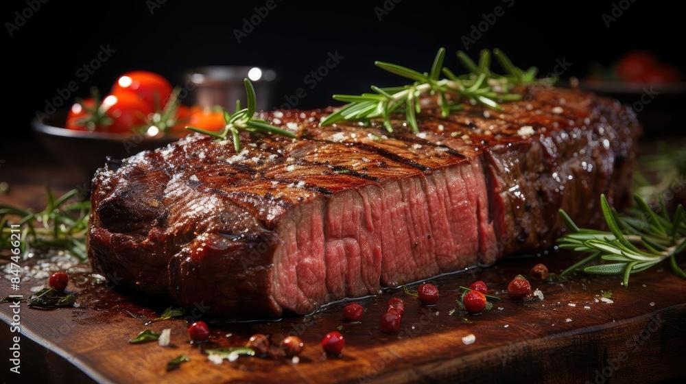 Grilled steak with melted barbeque sauce on a black and blurry background Grilled steak with melted barbeque sauce on a black and blurry background