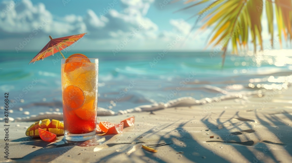 Colorful Fresh Fruit Cocktail with Umbrella on Serene Beach, Palm Tree Shadow Nearby Colorful Fresh Fruit Cocktail with Umbrella on Serene Beach, Palm Tree Shadow Nearby