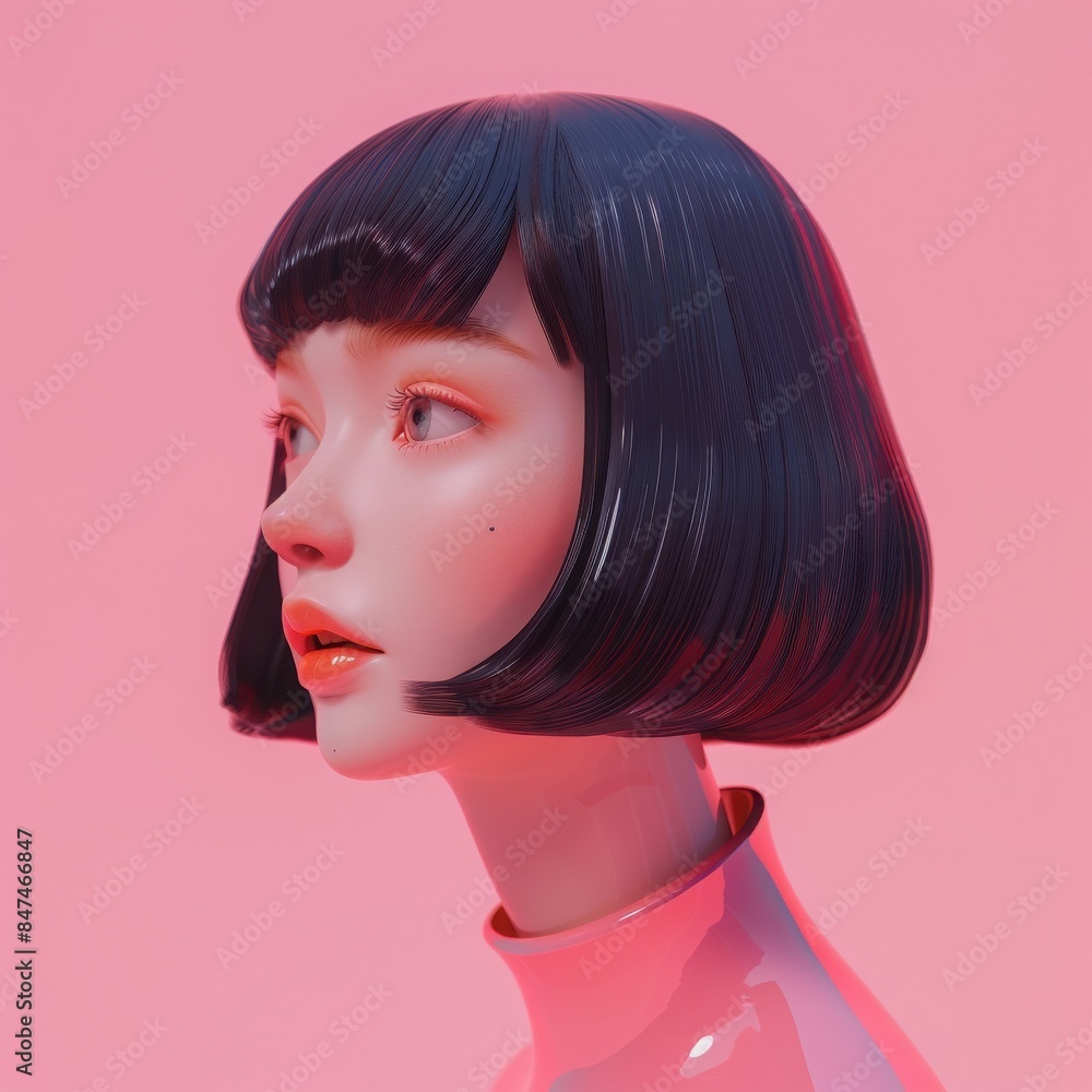 ed portrait of a futuristic girl with short black hair in a pink background, showcasing digital art and modern technology. ed portrait of a futuristic girl with short black hair in a pink background, showcasing digital art and modern technology.