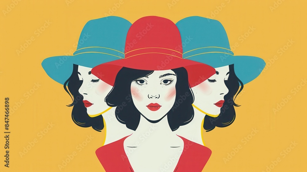 Abstract art illustration featuring three women with hats, vibrant colors, minimalistic design against a yellow background. Abstract art illustration featuring three women with hats, vibrant colors, minimalistic design against a yellow background.