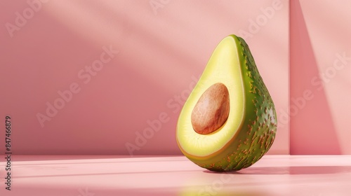 A fresh avocado half is displayed against a stylish pink background, highlighting the vibrant green flesh and brown seed inside. photo