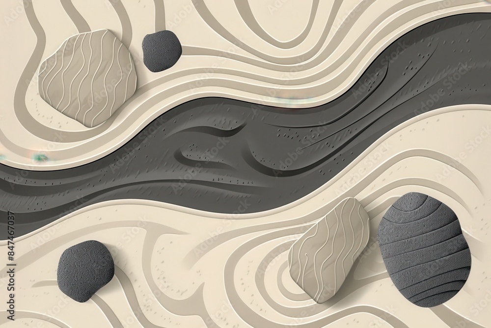 Obraz premium Abstract top view of zen garden with stones on sand, showcasing a calming and meditative landscape.
