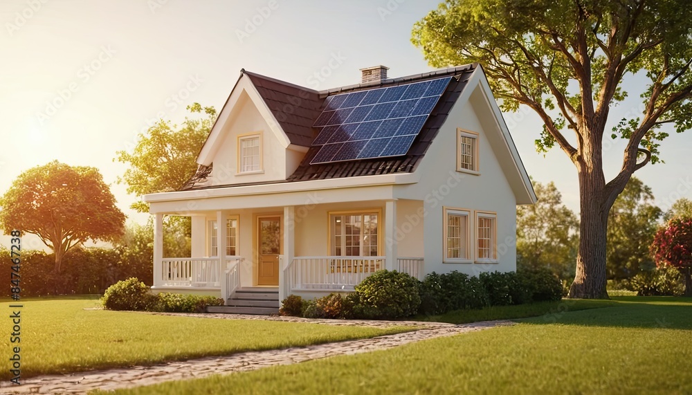 Fototapeta premium 3D modern house with sun panels energy on the roof Innovation sustainable green building Ecofriendly creative idea concept design