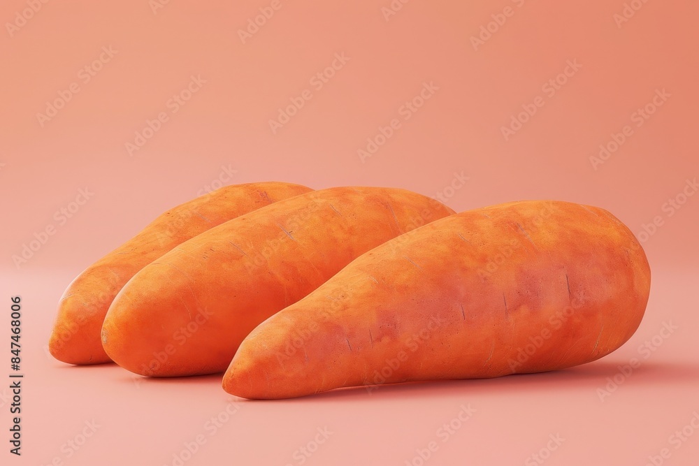 Three fresh, vibrant orange carrots on a pink background, showcasing their natural textures and colors in a minimalist setting. Three fresh, vibrant orange carrots on a pink background, showcasing their natural textures and colors in a minimalist setting.