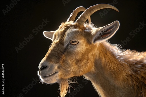 Beautiful brown goat side view isolated on black background photo