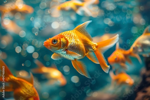 Vibrant goldfish swimming in clear water with bokeh background. Close-up shot showcasing the beauty of aquatic life in motion.