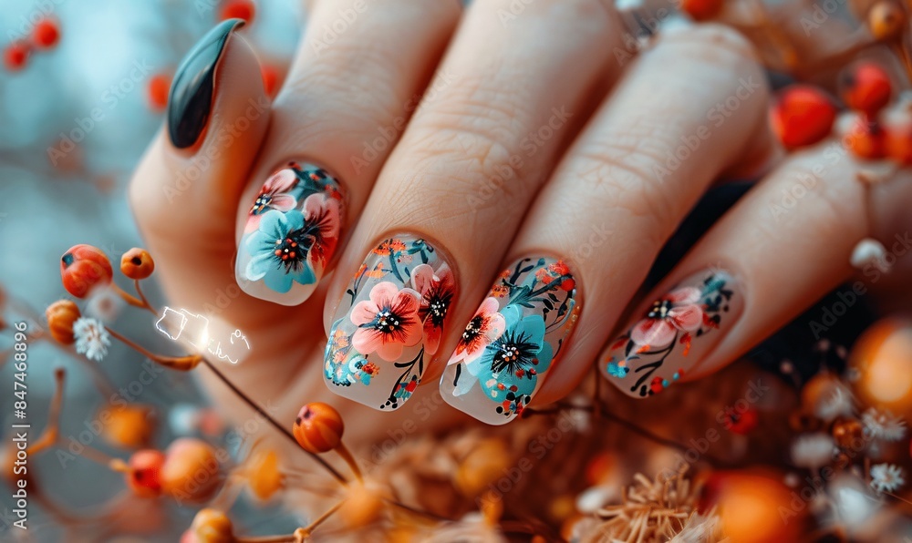 an elegant visual of a female hand adorned with a beautiful floral manicure, highlighting the cute, painted flower designs an elegant visual of a female hand adorned with a beautiful floral manicure, highlighting the cute, painted flower designs