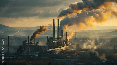 Smoke Belching Industrial Chimneys Dominating the Countryside Landscape photo