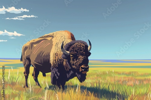 Digital illustration of a bison standing in a vast, grassy plains landscape with a blue sky and few clouds in the background.