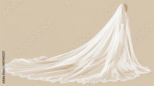 Elegant bridal veil cascading gracefully, showcasing intricate lace details, perfect for weddings and bridal themes against a beige background. photo