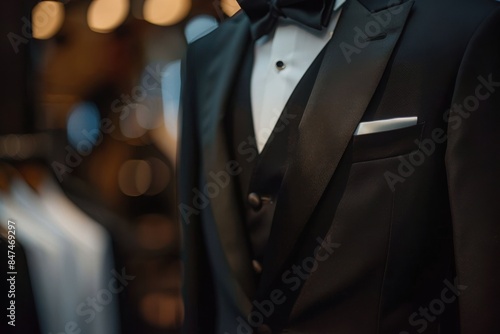 Elegant close-up of a man in a black tuxedo, showcasing sophistication and style. Perfect for fashion and formalwear concepts.