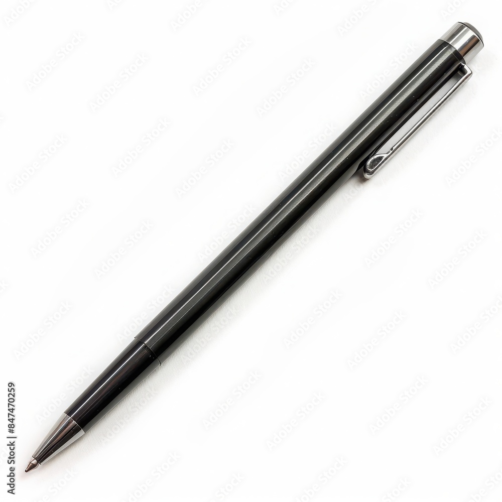 A sleek and modern black metal ballpoint pen, perfect for everyday writing tasks, office use, or as a stylish accessory for professionals. A sleek and modern black metal ballpoint pen, perfect for everyday writing tasks, office use, or as a stylish accessory for professionals.