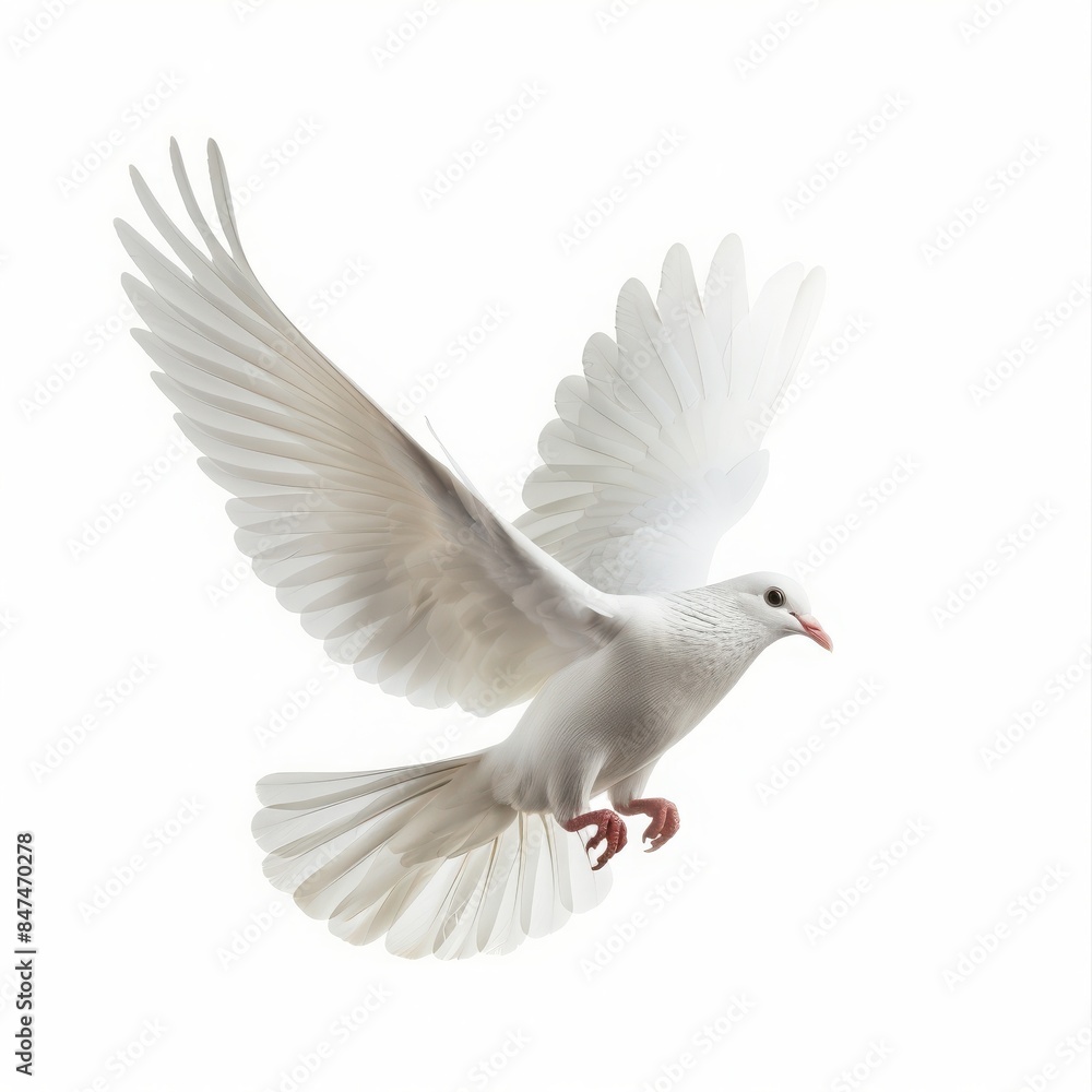 A white dove gracefully soars with its wings spread wide, isolated against a clean white background. Symbol of peace and purity. A white dove gracefully soars with its wings spread wide, isolated against a clean white background. Symbol of peace and purity.
