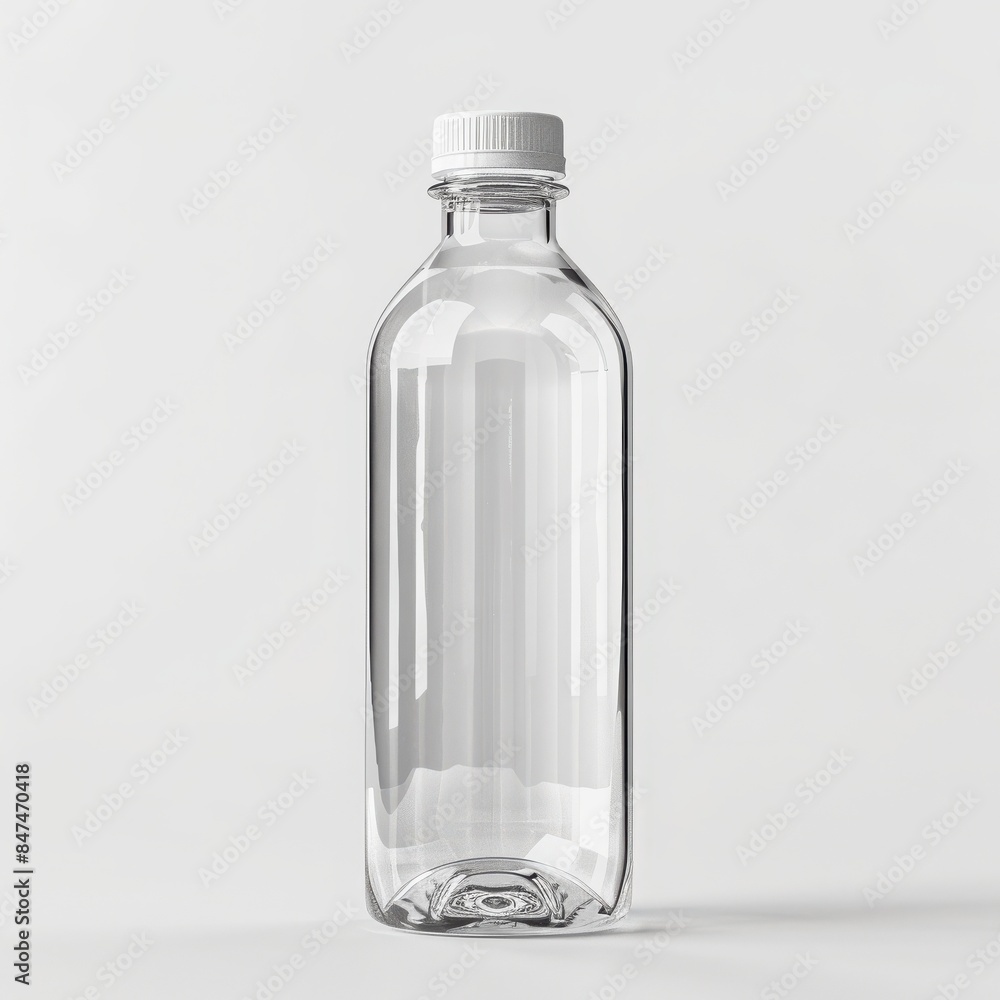 Clear glass bottle with white cap against plain background. Perfect for packaging, branding, beverage, and product design projects. Clear glass bottle with white cap against plain background. Perfect for packaging, branding, beverage, and product design projects.
