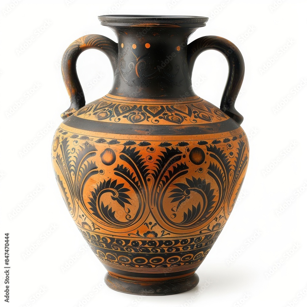 Close-up of a beautifully decorated Greek-style ceramic vase with intricate patterns, two handles, and an elegant design on a white background. Close-up of a beautifully decorated Greek-style ceramic vase with intricate patterns, two handles, and an elegant design on a white background.