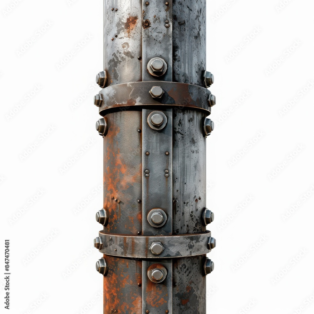 Close-up of a rusty metal pipe with bolts, showcasing industrial texture, wear, and corrosion, suitable for engineering and construction themes. Close-up of a rusty metal pipe with bolts, showcasing industrial texture, wear, and corrosion, suitable for engineering and construction themes.