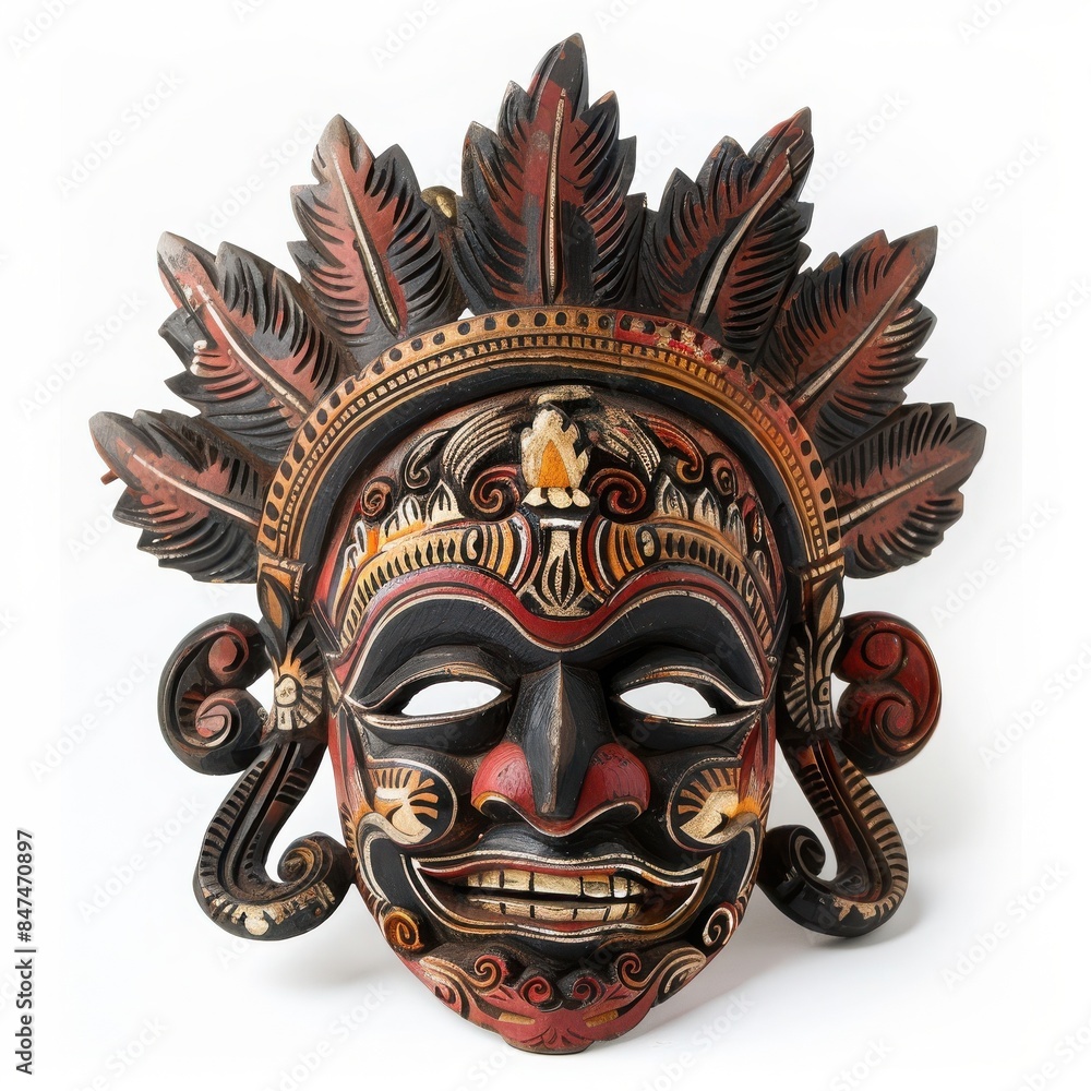 Intricately designed traditional wooden mask with detailed patterns and vibrant colors on a white background. Intricately designed traditional wooden mask with detailed patterns and vibrant colors on a white background.