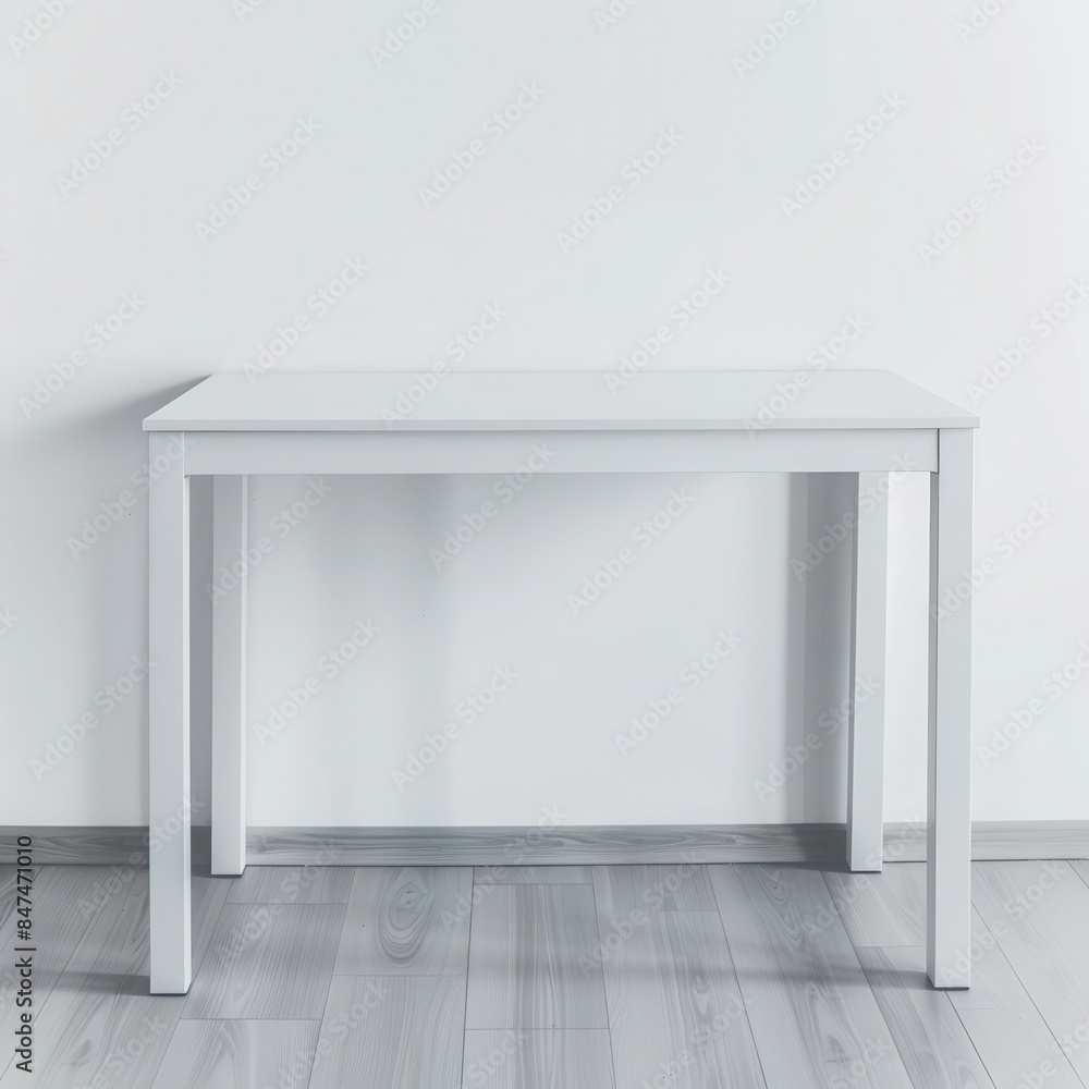 Minimalist white table against a white wall and wooden floor, creating an elegant and clean modern interior design. Minimalist white table against a white wall and wooden floor, creating an elegant and clean modern interior design.