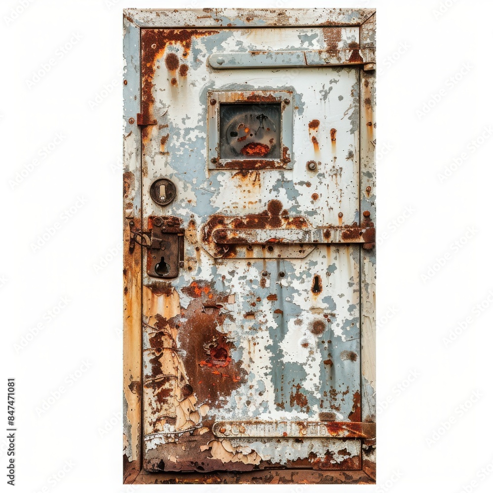 Old rusty metal door with a small window and lock, showing signs of decay and wear, perfect for vintage or abandoned themed projects. Old rusty metal door with a small window and lock, showing signs of decay and wear, perfect for vintage or abandoned themed projects.