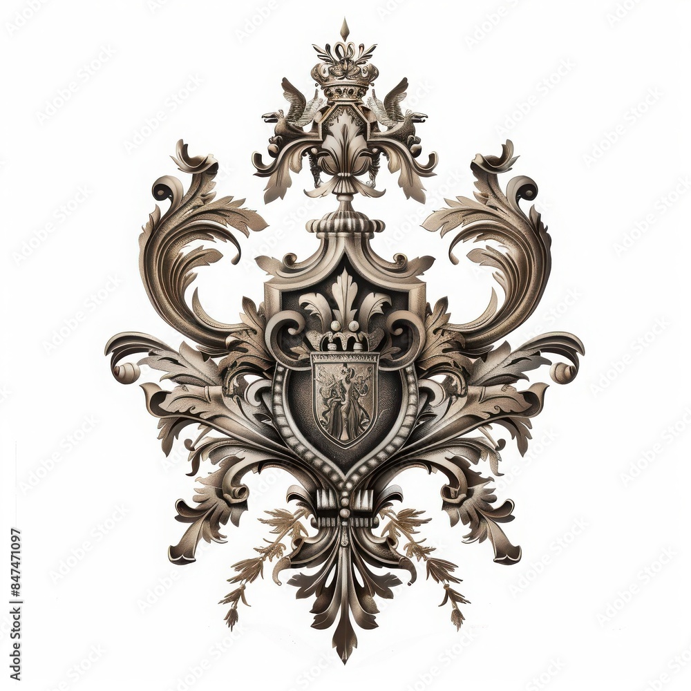 Fototapeta premium Ornate vintage emblem with intricate details and floral patterns in a classic heraldic design, perfect for royal and historical themes.