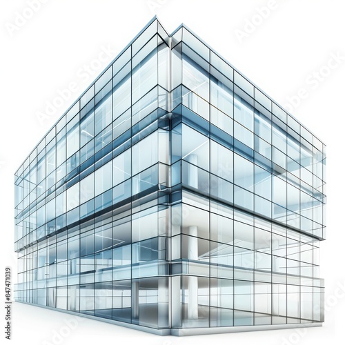 Modern glass office building with a sleek architectural design  showcasing a contemporary and transparent facade against a white background.