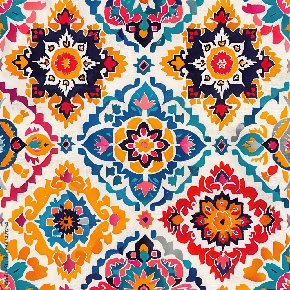 Vibrant seamless floral pattern with geometric design in colorful hues, perfect for textile, wallpaper, and decor projects.