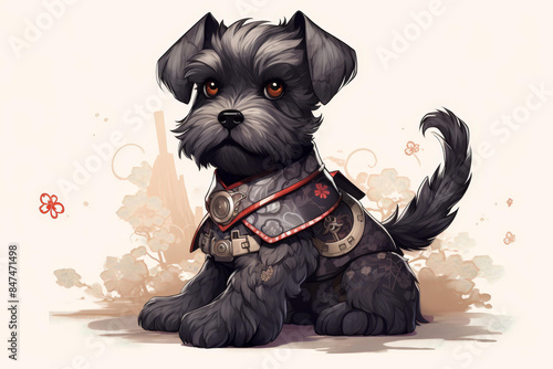 Unique illustration of a Standard Schnauzer dog in adorable Samurai armor, featuring beautiful artistic details. photo
